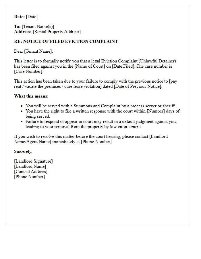 Notice of Filed Eviction Complaint Letter