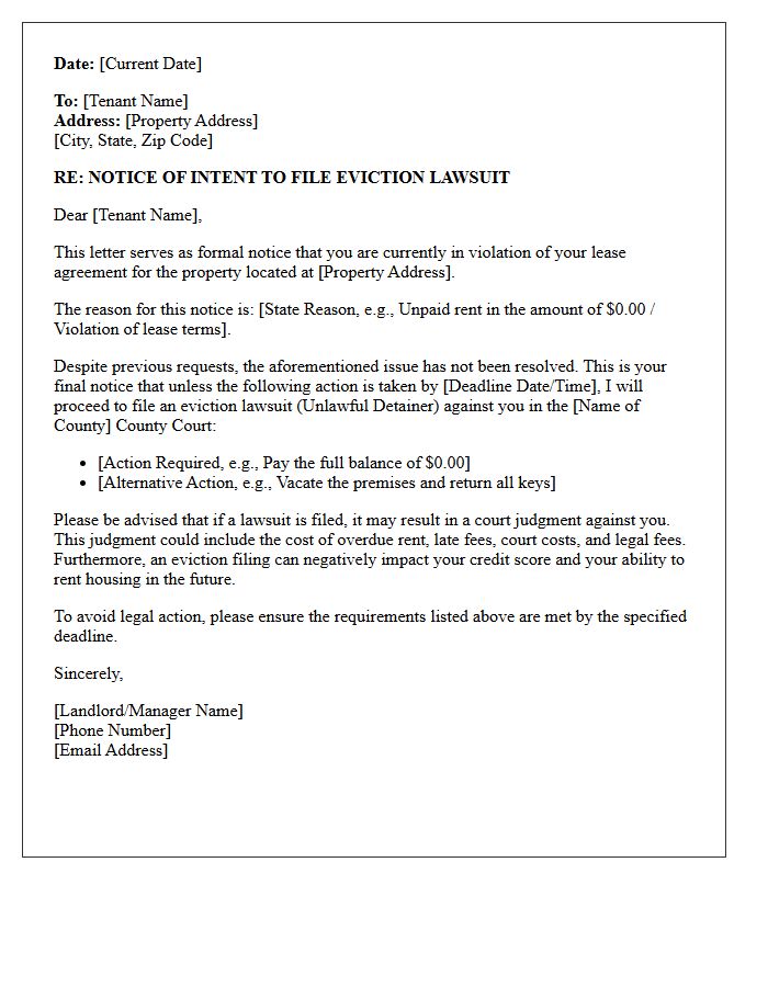 Notice of Impending Eviction Lawsuit Filing Letter