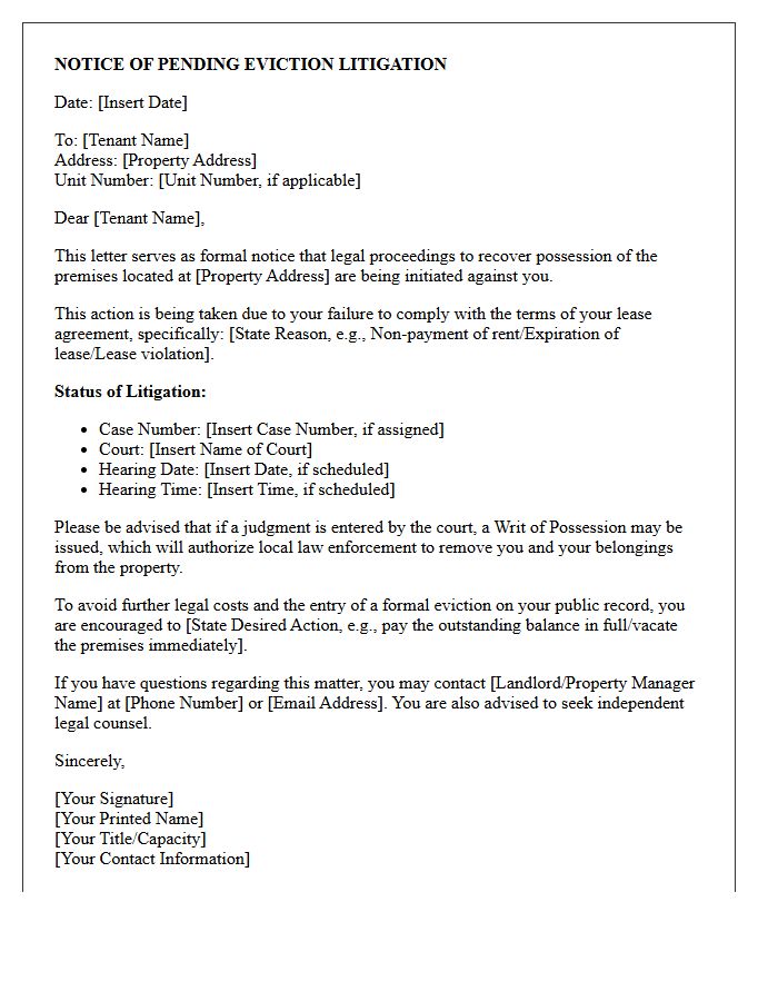 Notice of Pending Eviction Litigation Letter