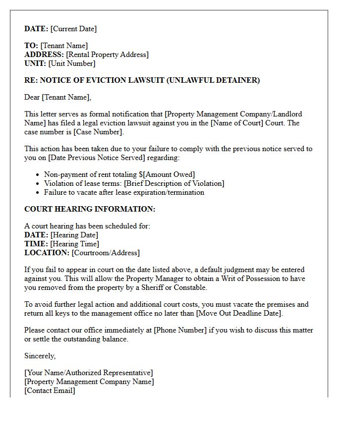 Property Management Eviction Lawsuit Notification Letter
