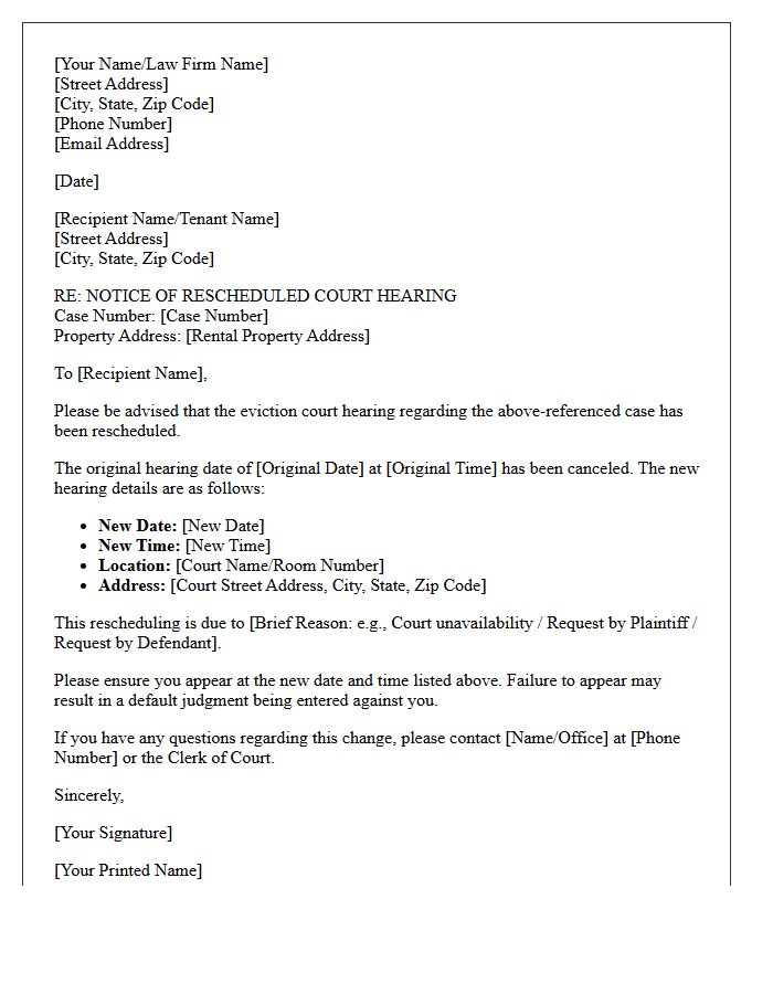 Eviction Court Hearing Rescheduling Notice Letter