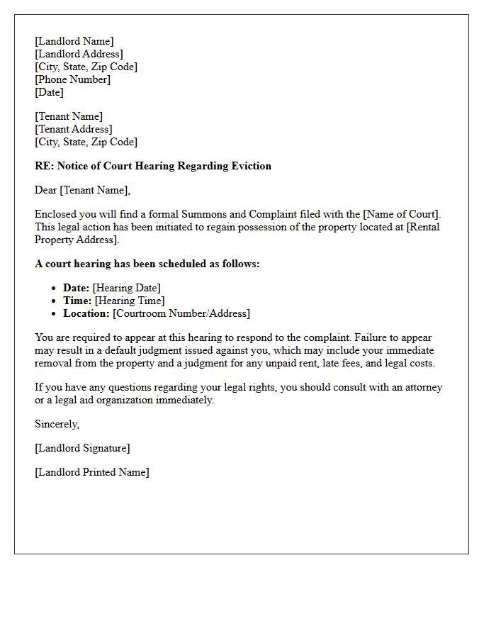 Eviction Court Hearing Summons Cover Letter