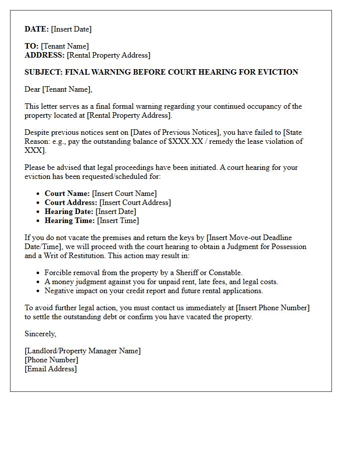 Final Eviction Court Hearing Warning Letter