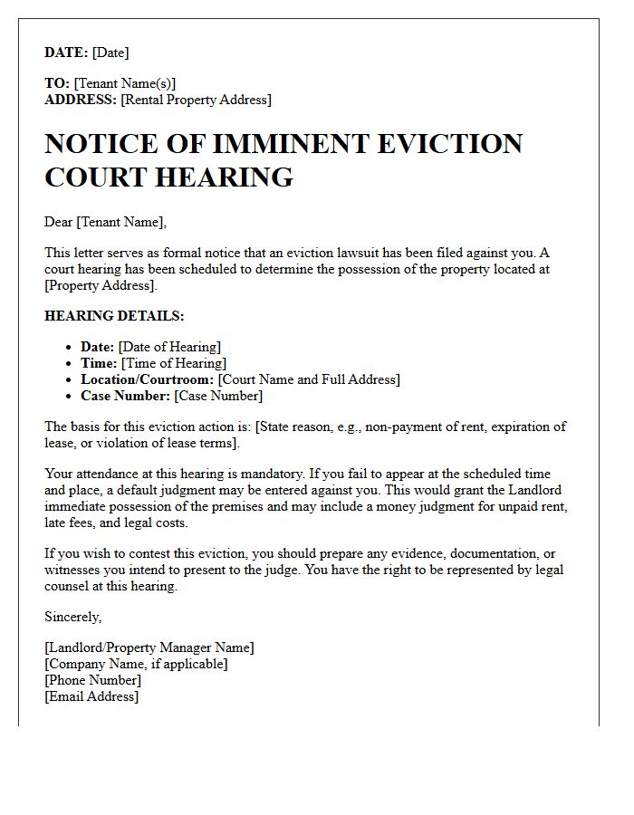 Notice of Imminent Eviction Court Hearing Letter