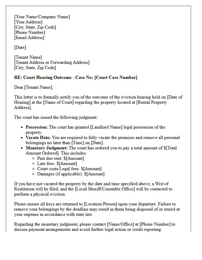 Post-Eviction Court Hearing Outcome Letter