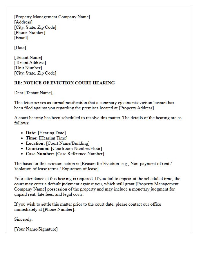 Property Management Eviction Court Hearing Letter