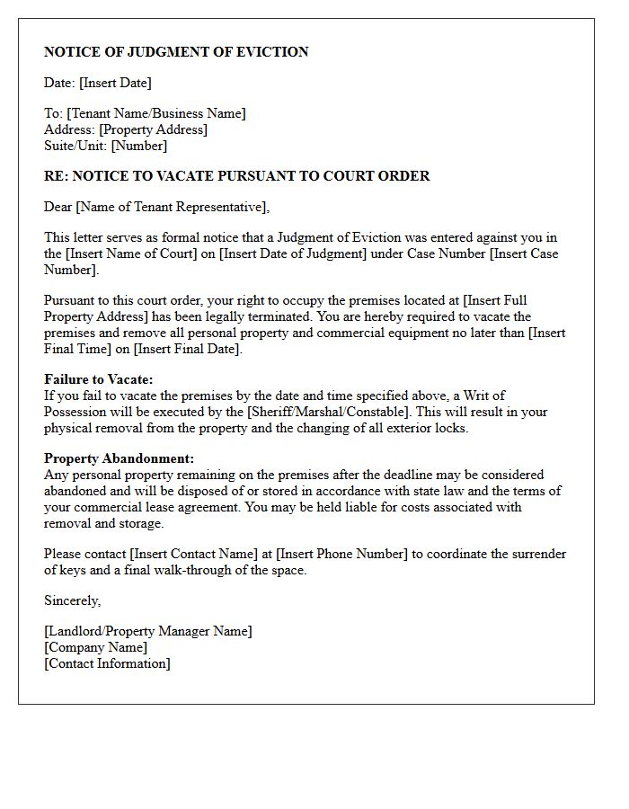 Commercial Notice of Judgment of Eviction Letter