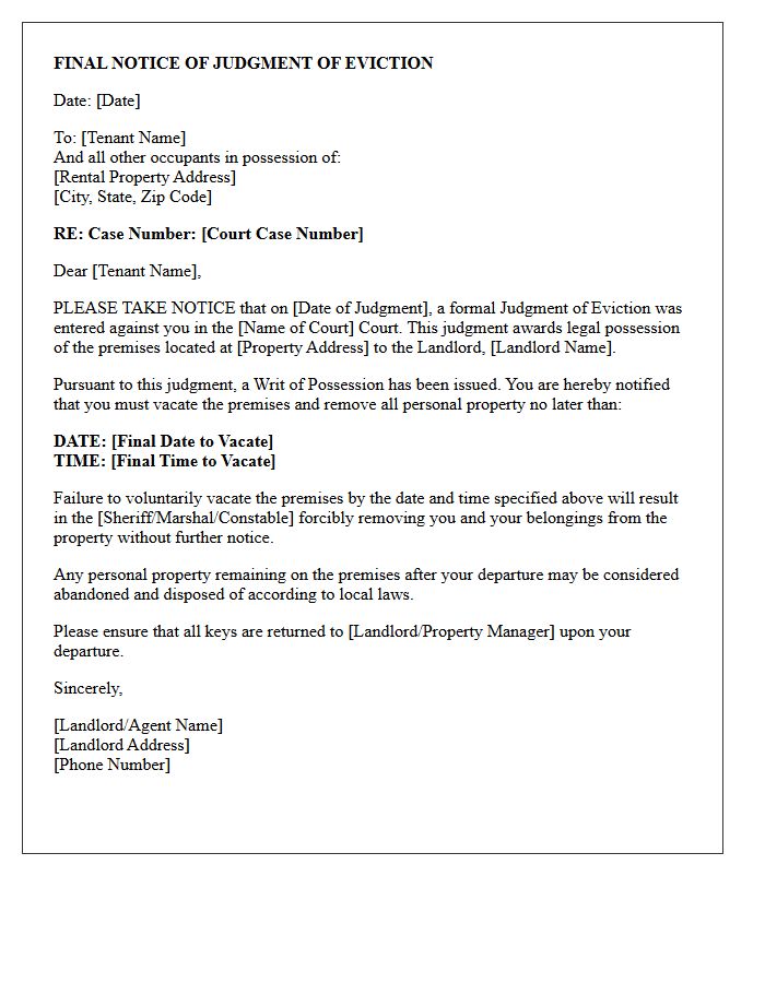 Final Notice of Judgment of Eviction Letter