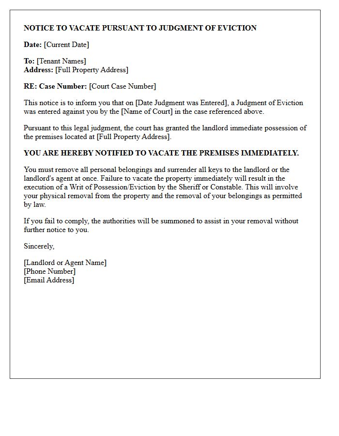 Immediate Vacate Notice of Judgment of Eviction Letter