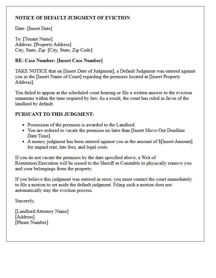 Notice of Default Judgment of Eviction Letter