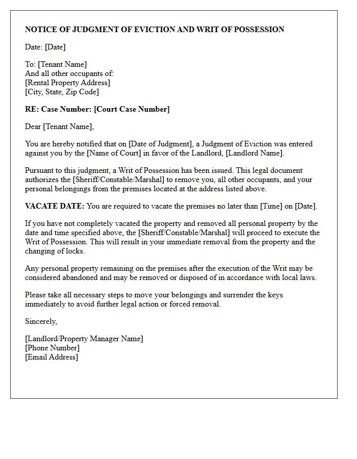 Notice of Judgment of Eviction and Writ of Possession Letter