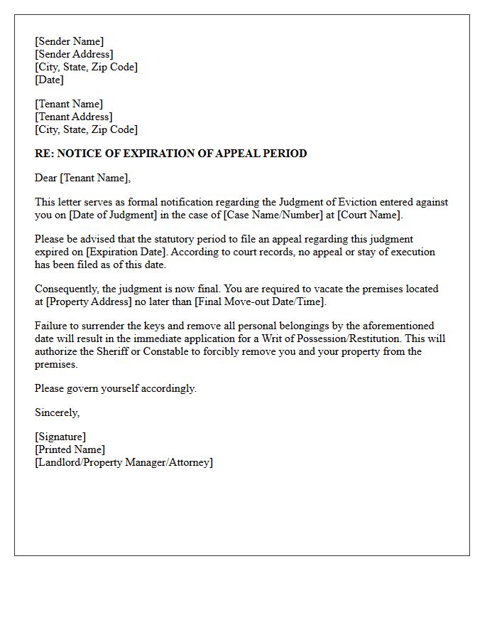 Notice of Judgment of Eviction Appeal Period Expiration Letter