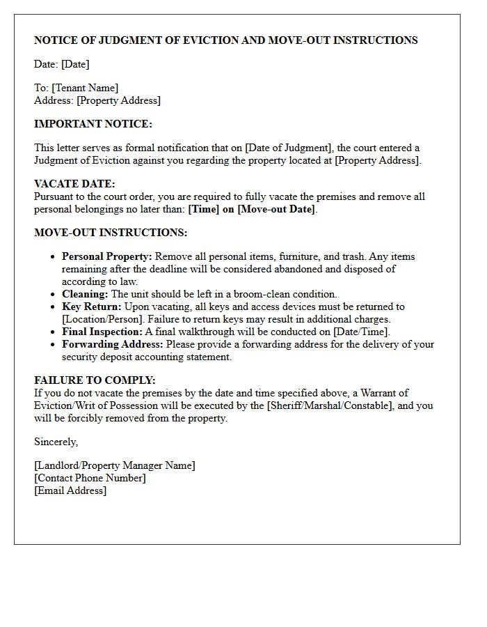 Notice of Judgment of Eviction Move-Out Instructions Letter