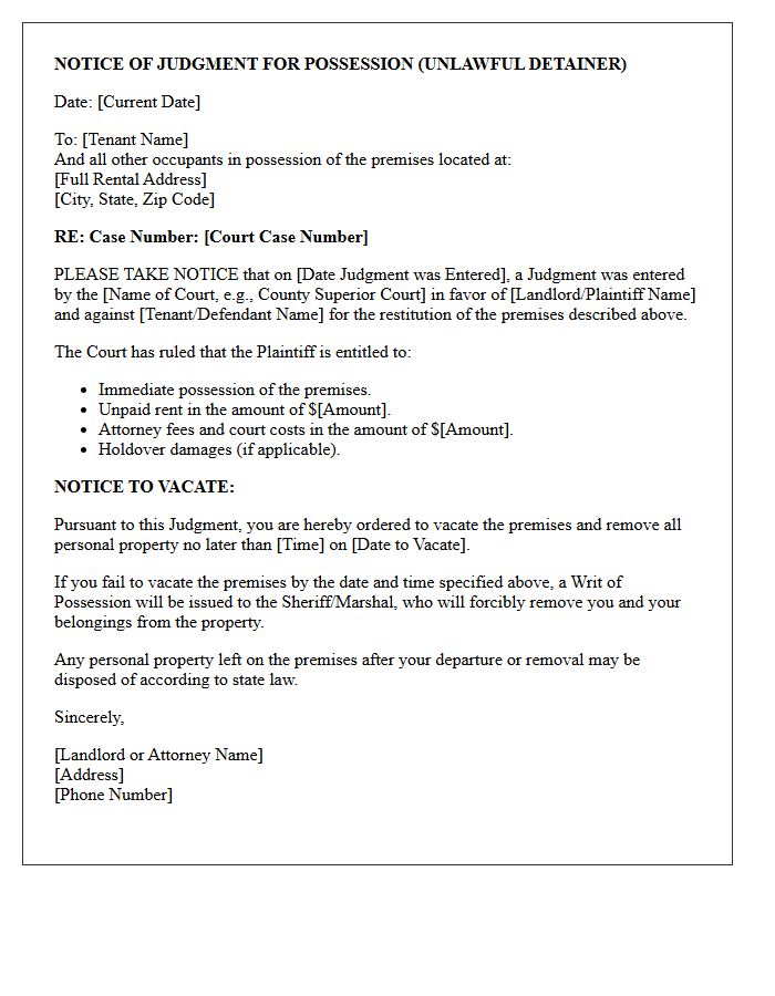 Notice of Judgment of Eviction Unlawful Detainer Letter