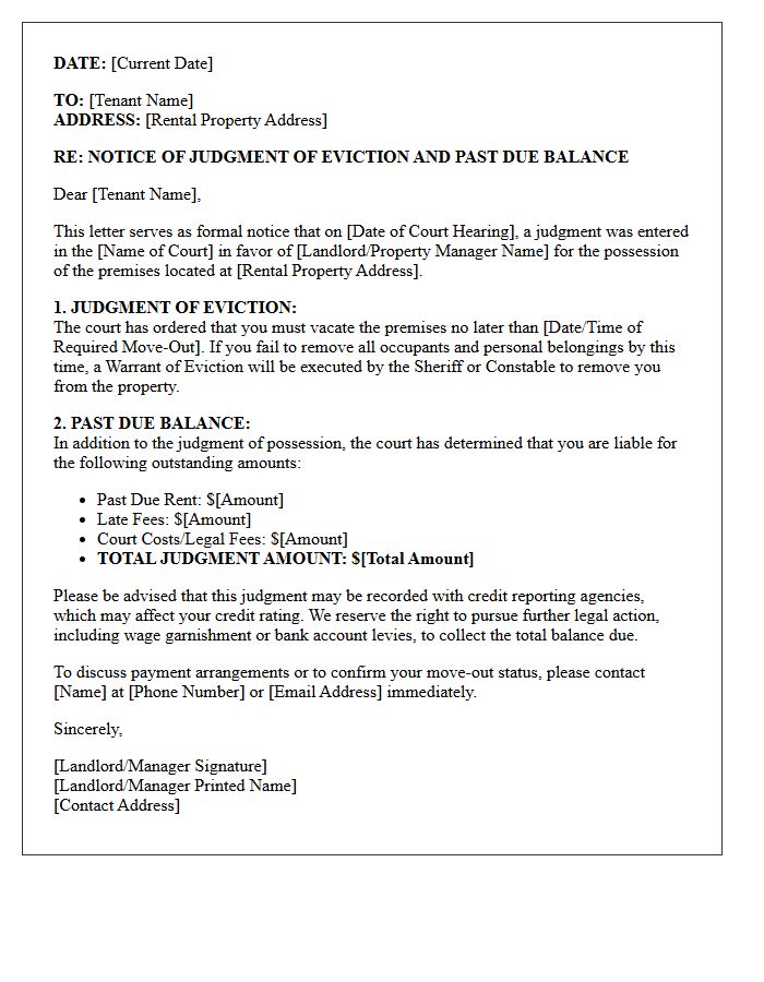Past Due Balance and Notice of Judgment of Eviction Letter