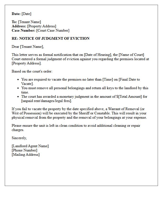 Post-Court Notice of Judgment of Eviction Letter