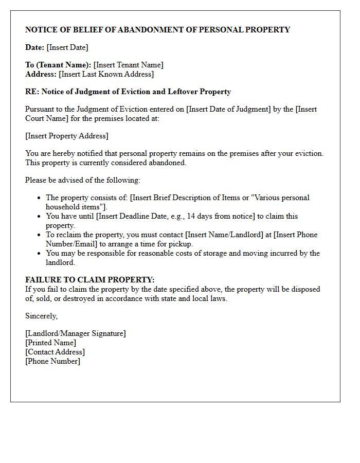 Property Abandonment Notice of Judgment of Eviction Letter
