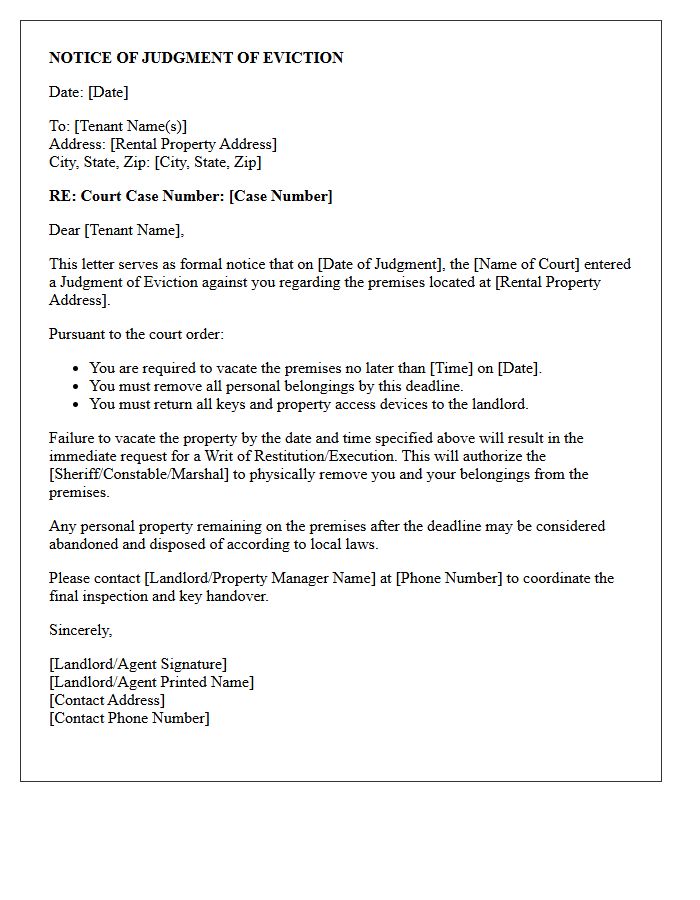 Residential Notice of Judgment of Eviction Letter
