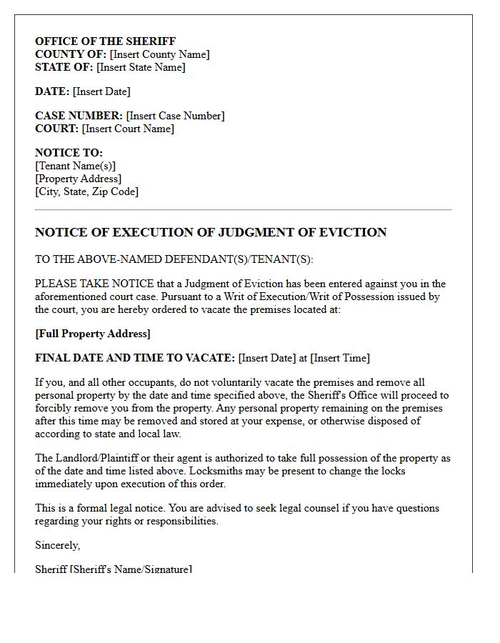 Sheriff Execution Notice of Judgment of Eviction Letter