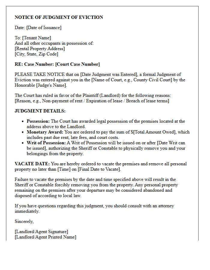 Standard Notice of Judgment of Eviction Letter