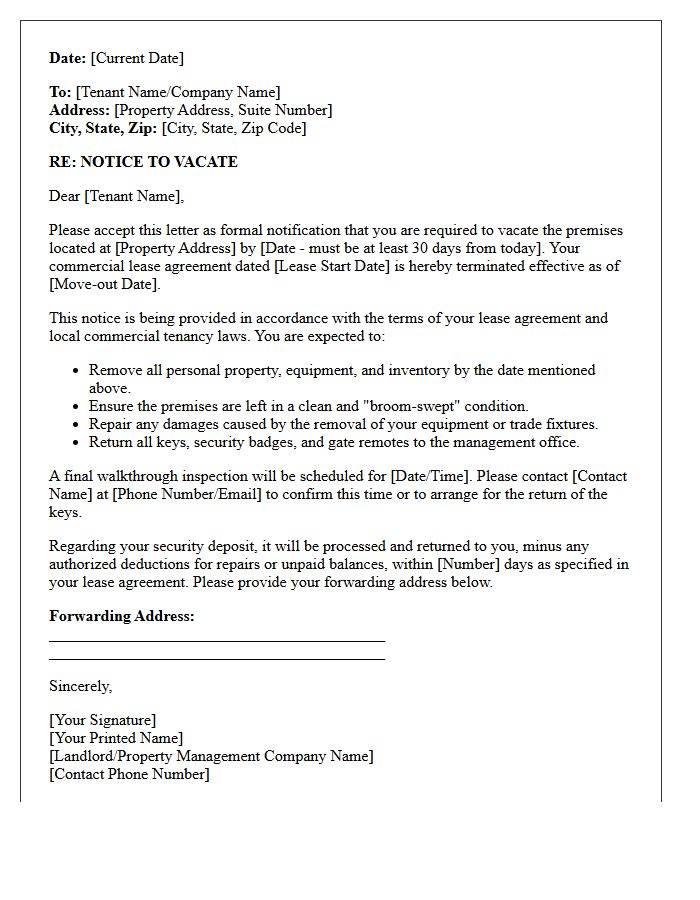 Commercial Property Thirty-Day Notice to Vacate Letter