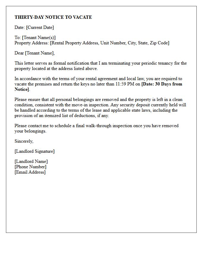 Landlord Thirty-Day Notice to Vacate Letter