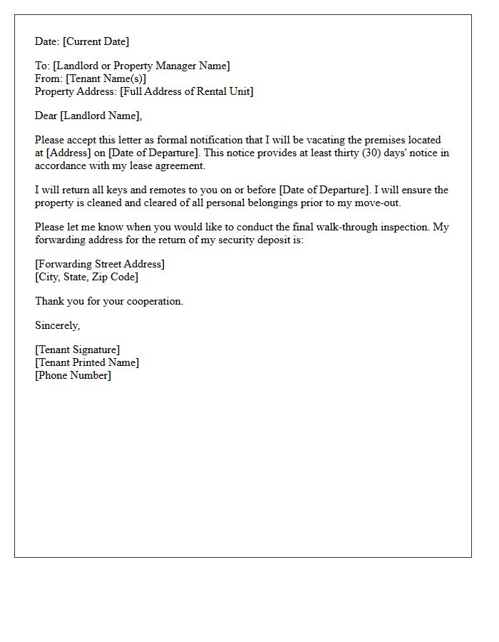 Standard Thirty-Day Notice to Vacate Letter