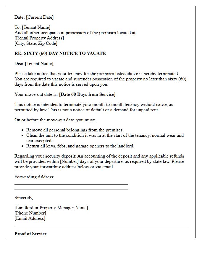 No-Cause Sixty-Day Notice to Vacate Letter