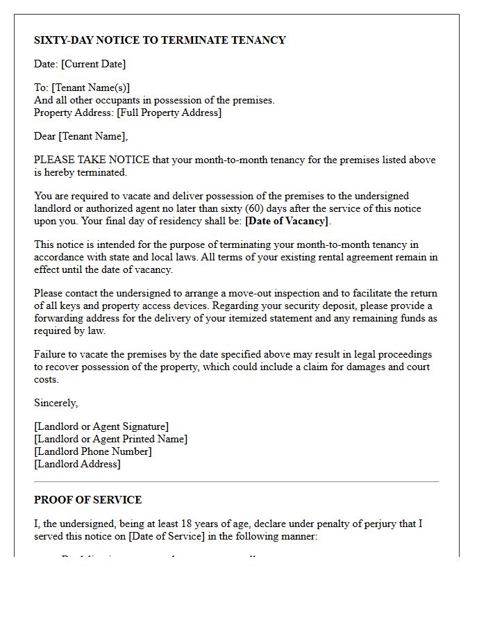 Sixty-Day Notice to Quit Month-to-Month Tenancy Letter