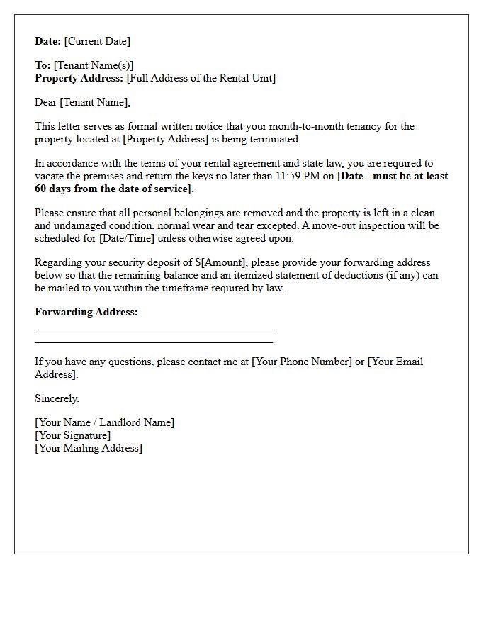 Sixty-Day Notice to Vacate Month-to-Month Tenancy Letter