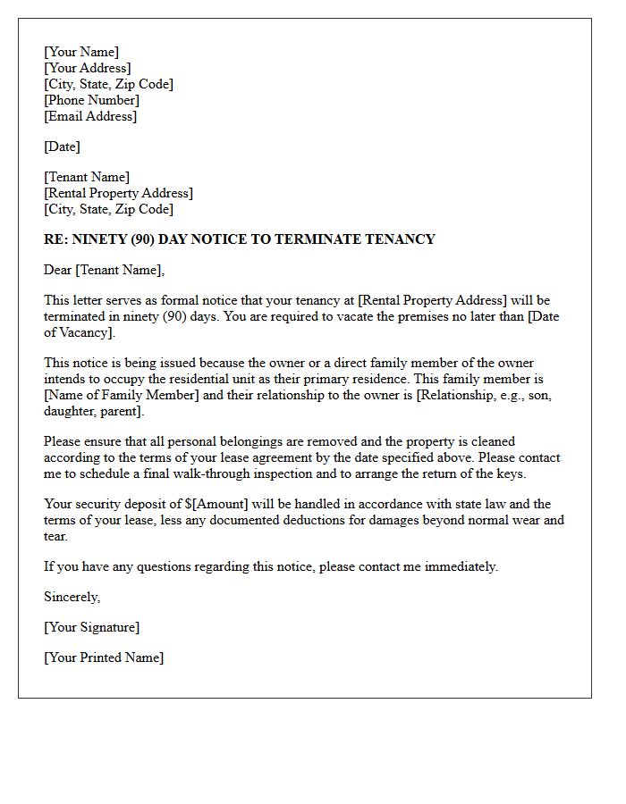 Family Member Move-In Ninety-Day Notice to Vacate Letter