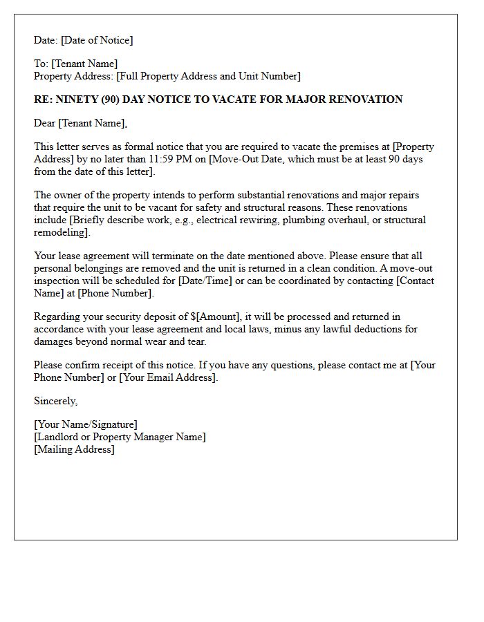 Ninety-Day Notice to Vacate Letter for Major Property Renovation
