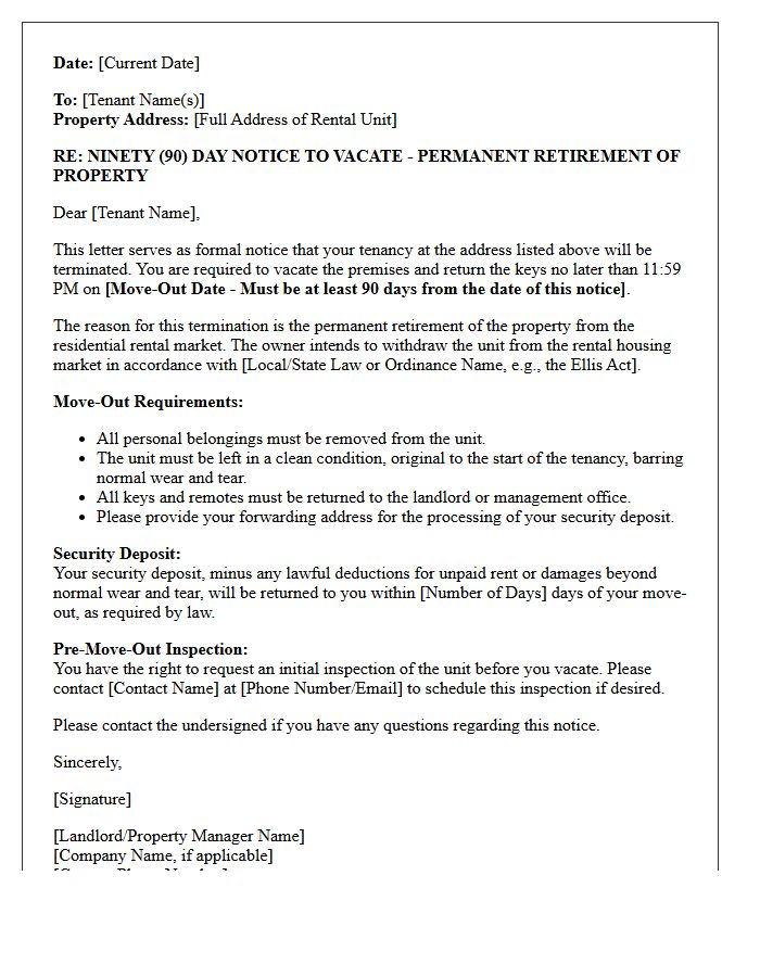 Ninety-Day Notice to Vacate Letter for Permanent Property Retirement