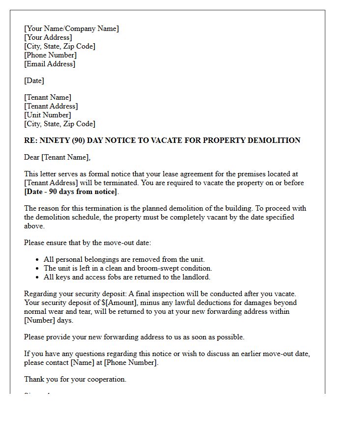 Ninety-Day Notice to Vacate Letter for Property Demolition