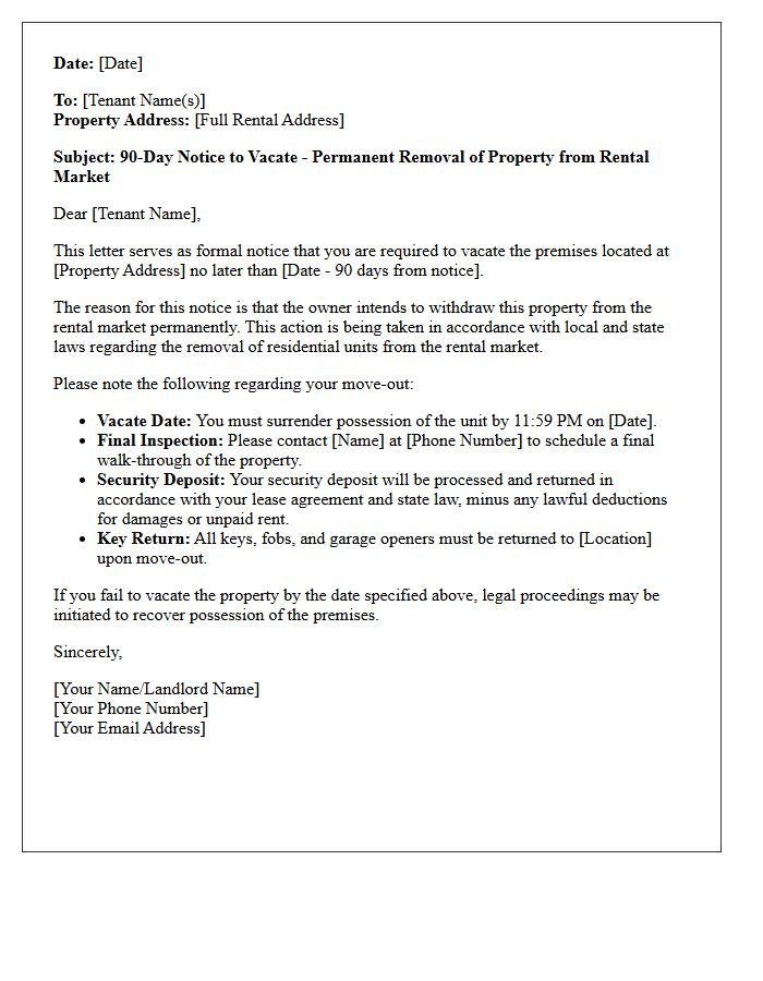 Ninety-Day Notice to Vacate Letter for Removal from Rental Market