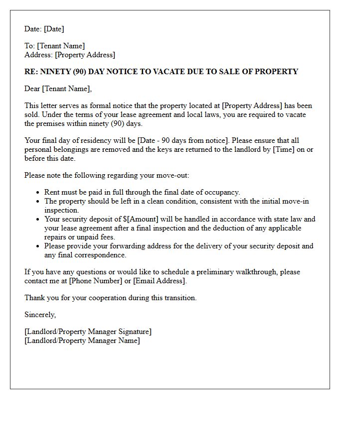 Ninety-Day Notice to Vacate Letter for Sale of Property