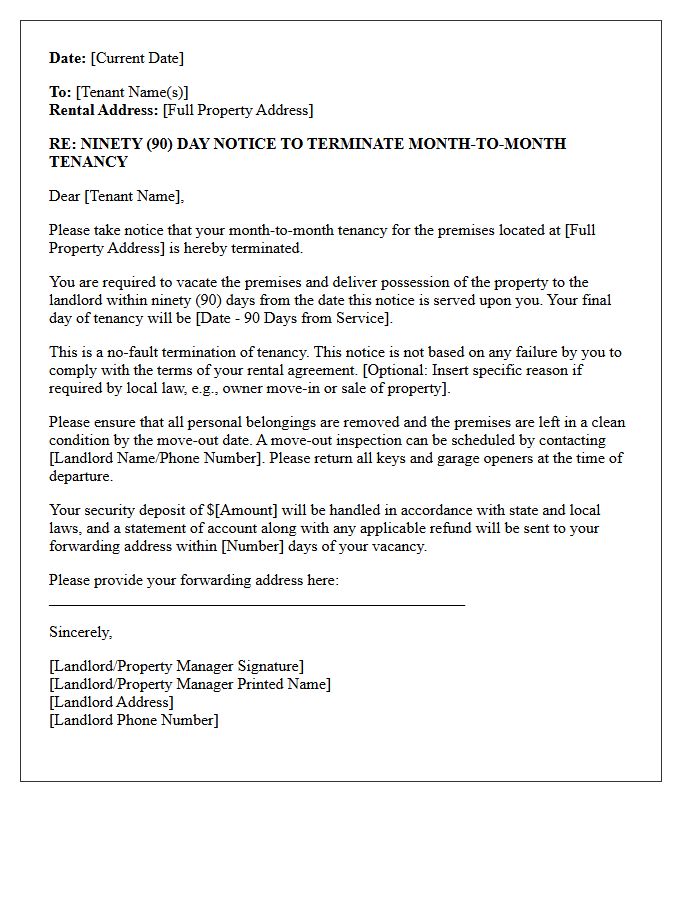 No-Fault Ninety-Day Notice to Vacate Letter for Month-to-Month Tenancy
