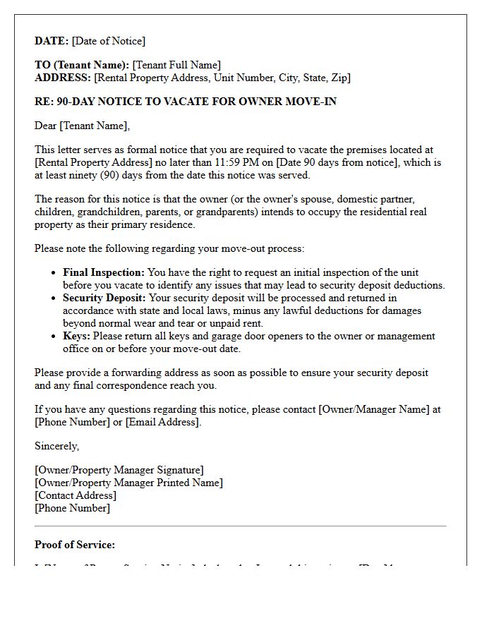 Owner Move-In Ninety-Day Notice to Vacate Letter