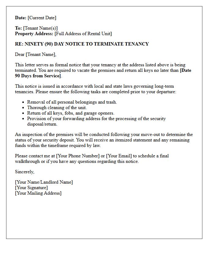 Standard Ninety-Day Notice to Vacate Letter for Long-Term Tenancy