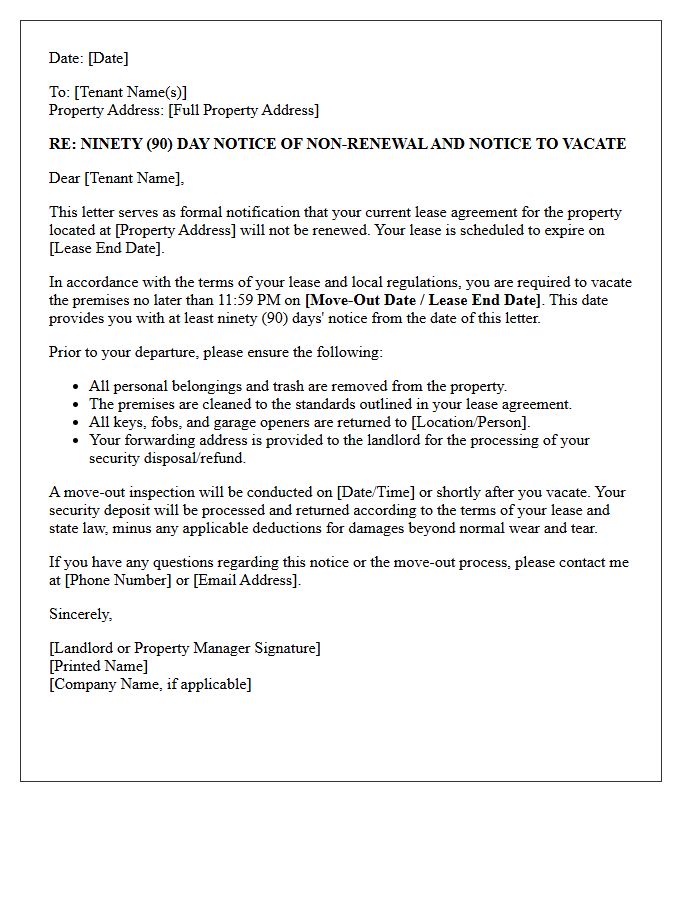 Standard Non-Renewal Ninety-Day Notice to Vacate Letter