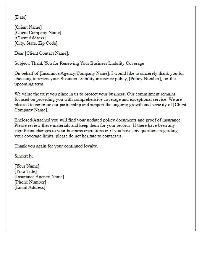 Business Liability Coverage Renewal Gratitude Letter