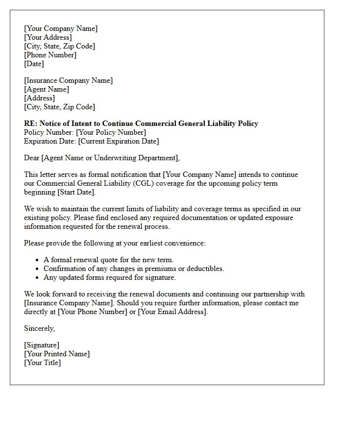 Commercial General Liability Policy Continuation Letter