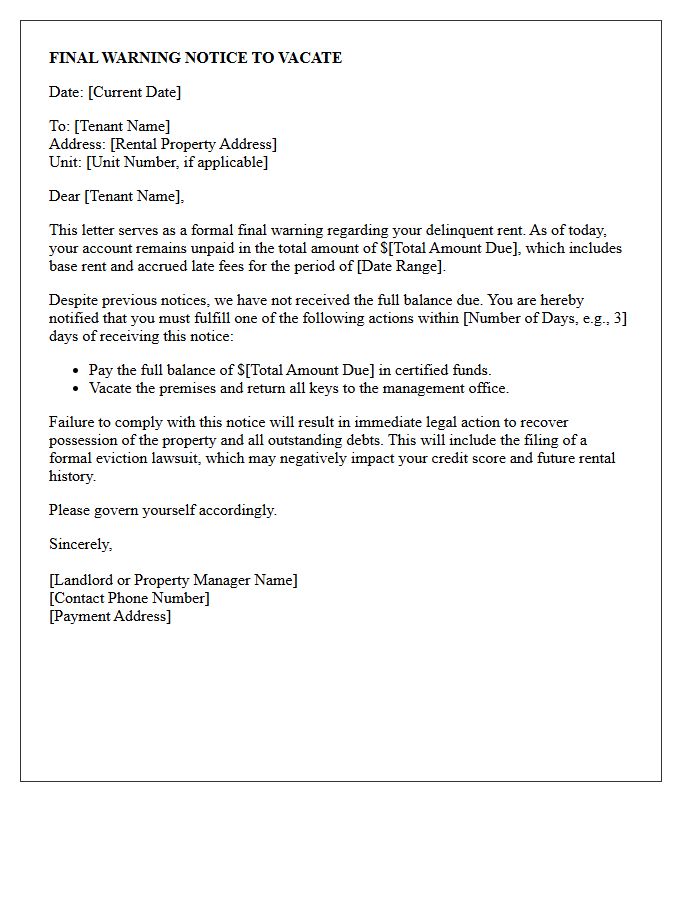Final Warning Notice to Vacate for Delinquent Rent Letter