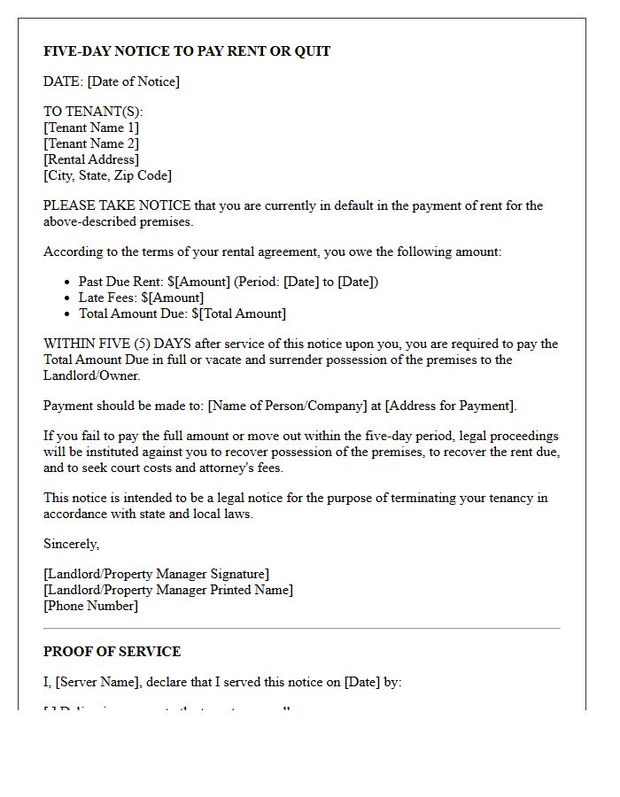 Five-Day Eviction Notice for Unpaid Rent Letter