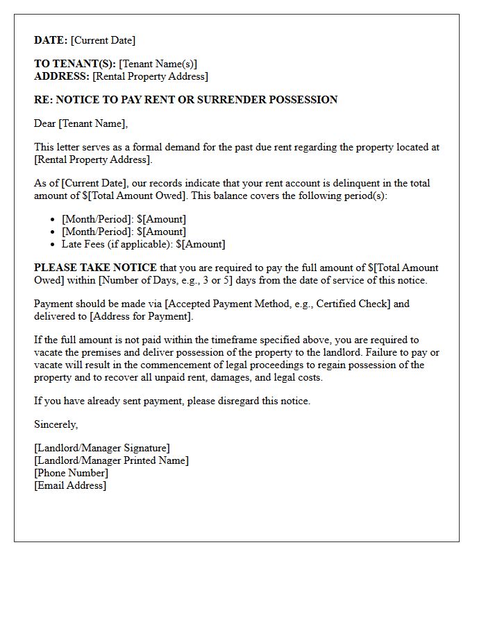 Formal Demand to Pay Past Due Rent or Vacate Letter