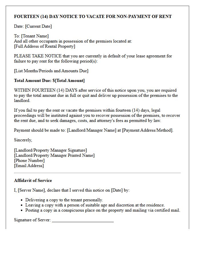 Fourteen-Day Notice to Vacate Premises for Rent Default Letter