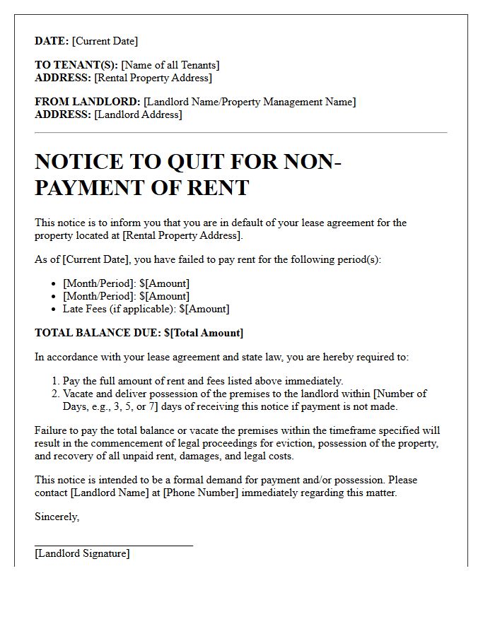 Immediate Notice to Quit for Failure to Pay Rent Letter