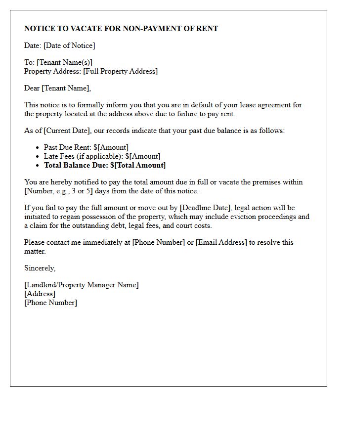 Landlord Notice to Vacate Due to Non-Payment Letter