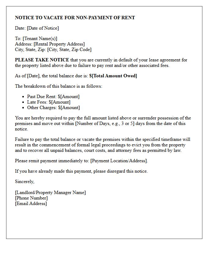 Pre-Eviction Notice to Vacate for Unpaid Balance Letter