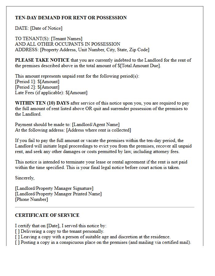 Ten-Day Demand for Rent or Possession Letter
